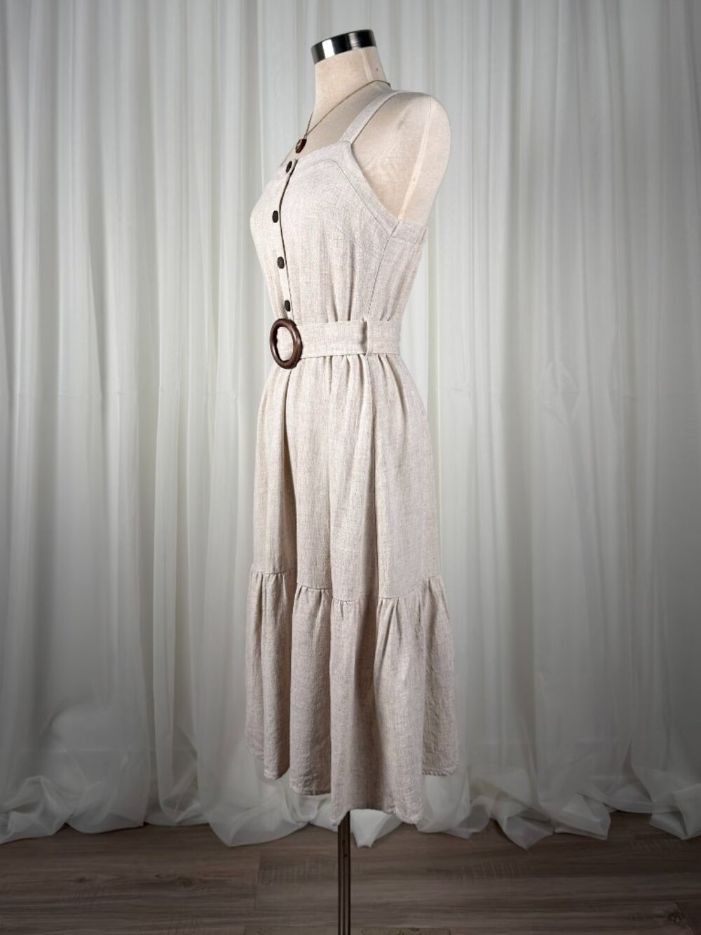 Monteau Belted Button Front Tiered Midi Sundress Cottagecore Beige Womens Size M - Picture 2 of 8